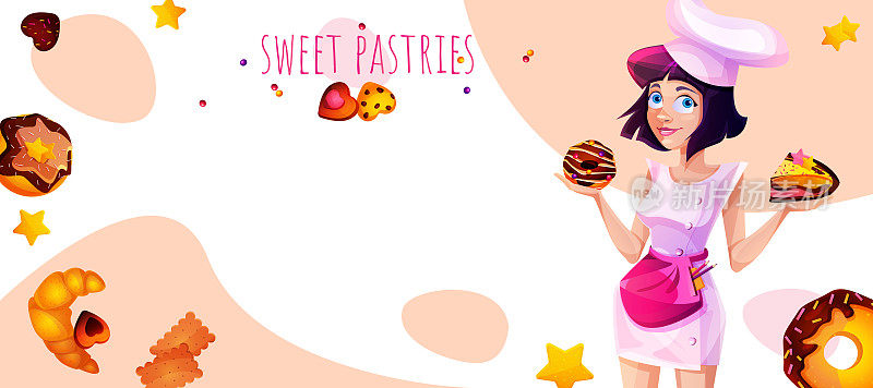 卡通风格的面包店。美丽的年轻面包师女孩在抽象的背景与甜蜜的甜点和文字空间。
