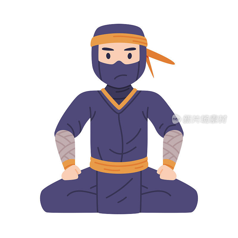 在Shozoku伪装服装矢量插图中，交叉腿忍者或Shinobi角色作为日本秘密特工或雇佣兵