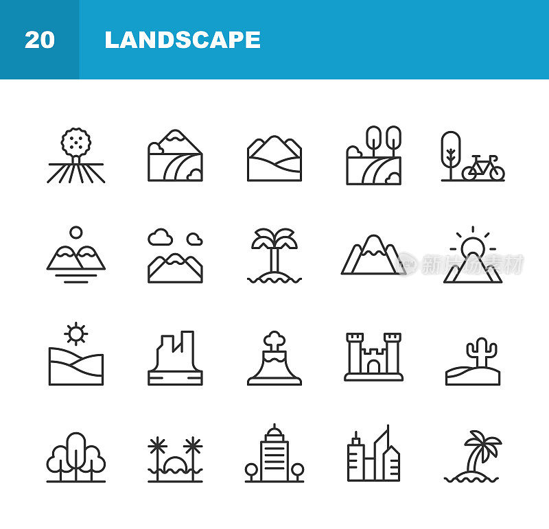 景观线图标。可编辑的中风。像素完美。移动和网络。包含诸如海滩，城市，农村，沙漠，环境，森林，徒步旅行，岛屿，景观，山，自然，户外，公园，夏天，太阳，树，度假，火山等图标