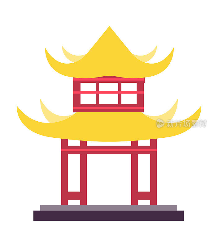 中国传统建筑中金色屋顶的传统大门。矢量插图隔离设计