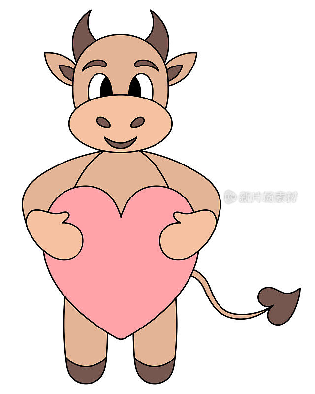小公牛。一只小牛崽爪子里抱着一颗粉红色的心。棕色的小腿。公牛。动物带给你爱