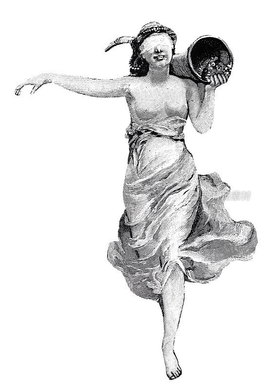 年轻的女人在流动的长袍，持有丰足，跑向观众与一个眼罩，正面，白色背景