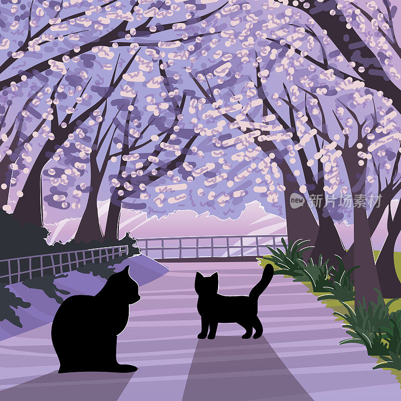 公园里两只猫的风景。矢量插图。