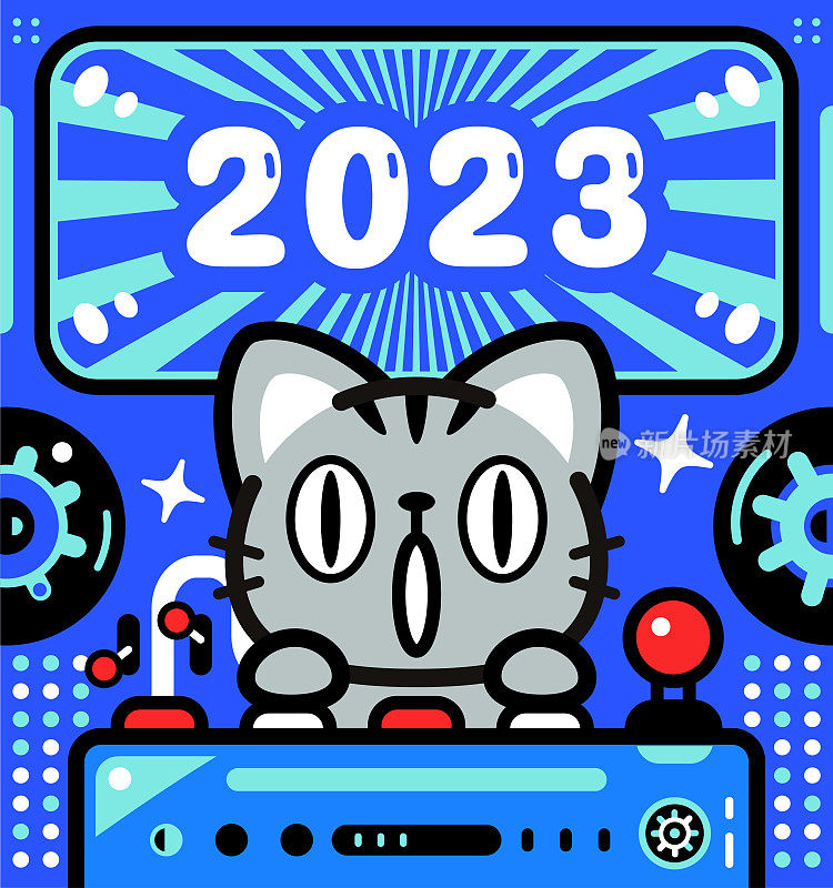 一只可爱的猫正在驾驶一艘无限动力宇宙飞船，庆祝2023年的到来