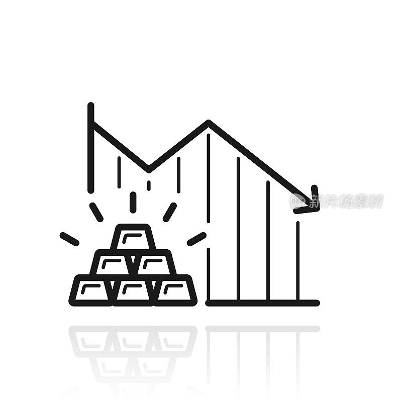 黄金价格下跌图表。白色背景上反射的图标