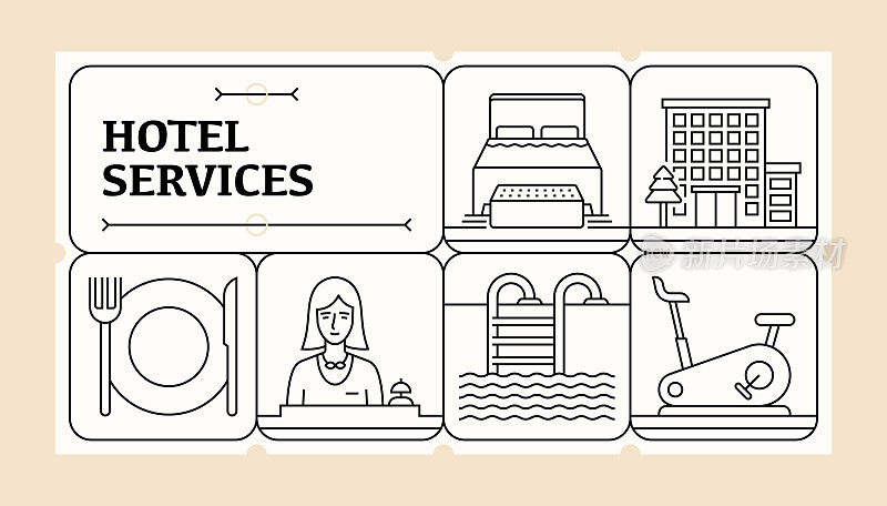 酒店服务线图标集和横幅设计