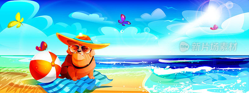 卡通风格的度假和海滩度假概念。在夏日阳光明媚的海景背景下，海滩上戴着帽子享受日光浴的斗牛犬。
