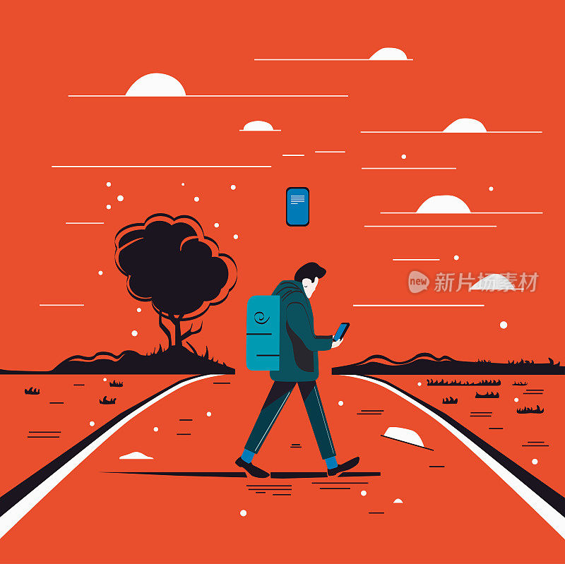 男人边走边拿着手机。人们在旅途中使用智能手机上网。男人拿着电话，看着手机屏幕发短信。