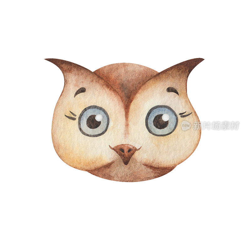 水彩插图。手绘的棕色猫头鹰鸟，蓝色的大眼睛，睫毛。微笑的小动物。卡通人物。孤立的剪贴艺术儿童织物，纺织品印花，横幅，贴纸