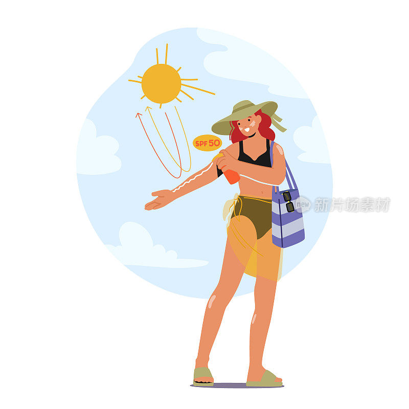 女性角色在海滩上涂抹防晒霜，用手在皮肤上擦乳液，防止有害的紫外线