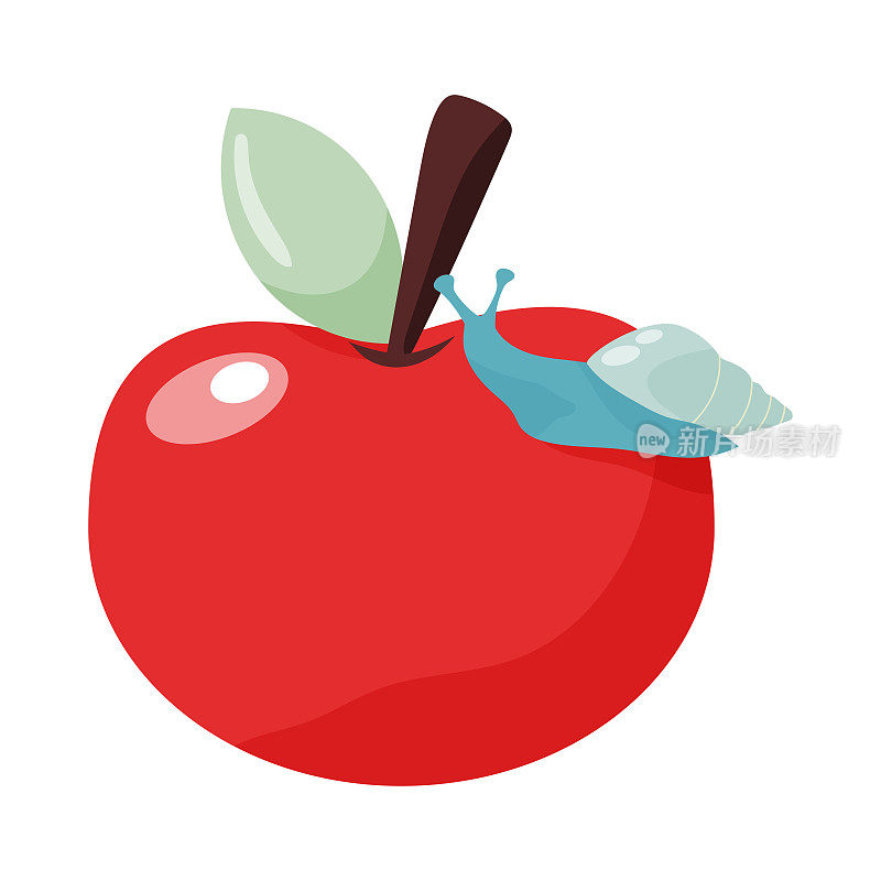 蜗牛在苹果彩色手绘矢量插图。