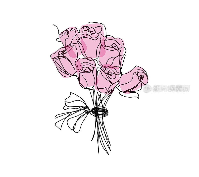 粉红色的中国玫瑰花束连续线条绘制。一行装饰艺术，鲜花，玫瑰，花园花，花束，花艺，浪漫，礼物，关系，爱情，牡丹，大丽花，康乃馨。