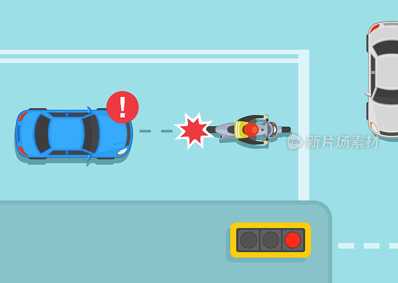 安全骑摩托车的规则和提示。在交通信号处发生追尾事故。汽车与停在路口的摩托车相撞。前视图。