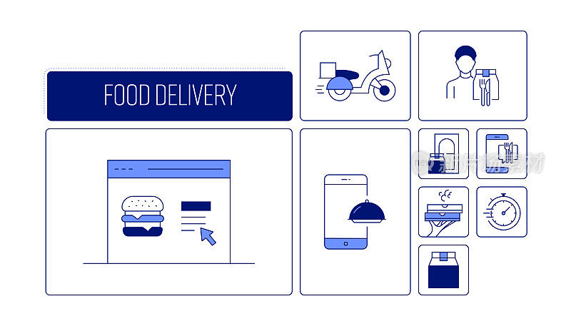 食品交付相关的矢量横幅设计概念，现代线条风格与图标