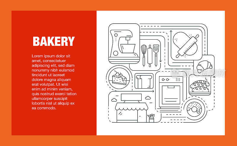 面包店线图标集和横幅设计。烤箱，面粉，面包头，厨师，搅拌机，蛋糕