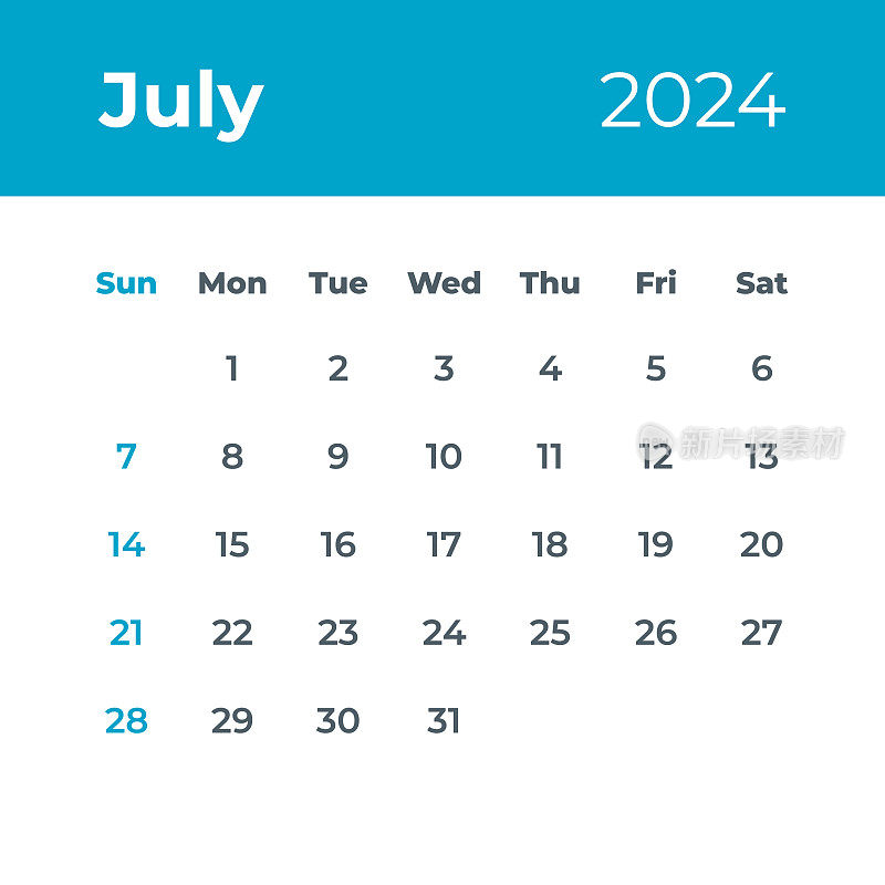 2024年7月――日历叶子。矢量图
