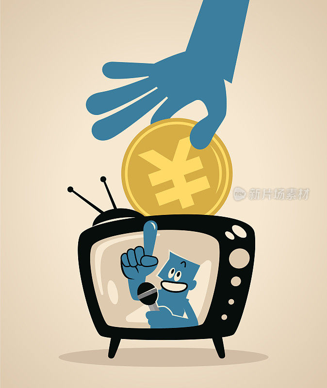 电视屏幕上，一个穿着蓝色衣服的人拿着麦克风说话，一只大手把钱放进电视里