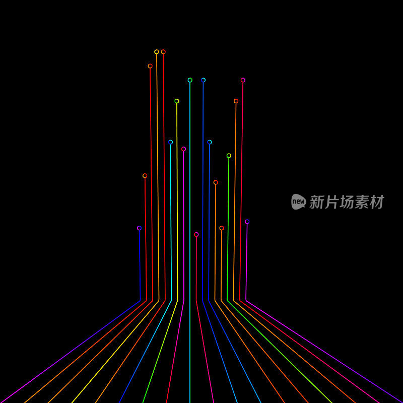 这个3D视角展示了充满活力的彩色连接线和纤维，这些连接线和纤维平行排列在地板上，并上升到墙上。