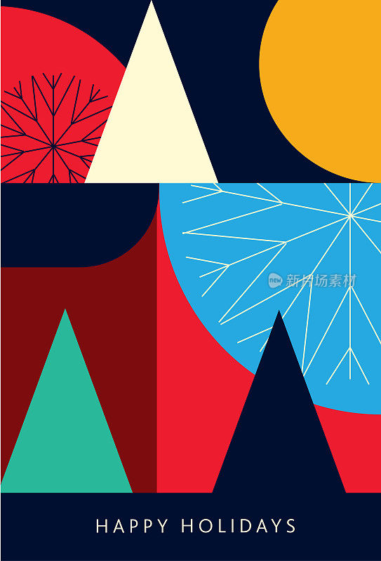 节日快乐问候抽象几何彩色马赛克贺卡平面设计模板与雪花和树木