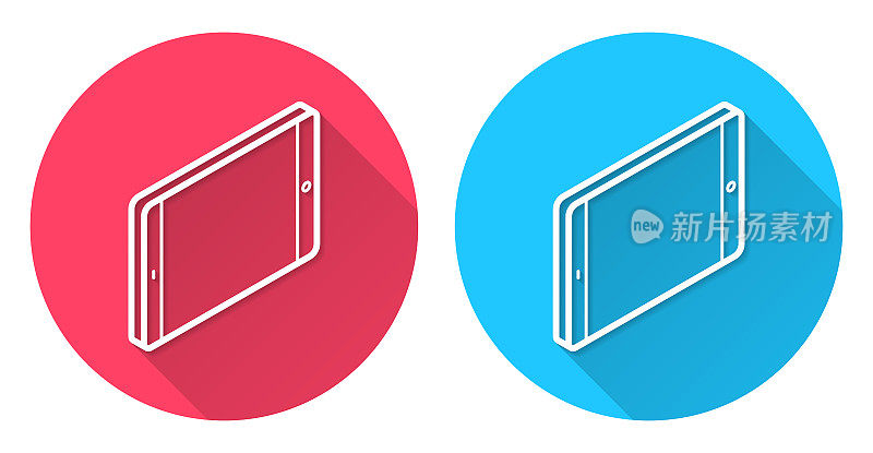 等距平板电脑-水平位置。圆形图标与长阴影在红色或蓝色的背景