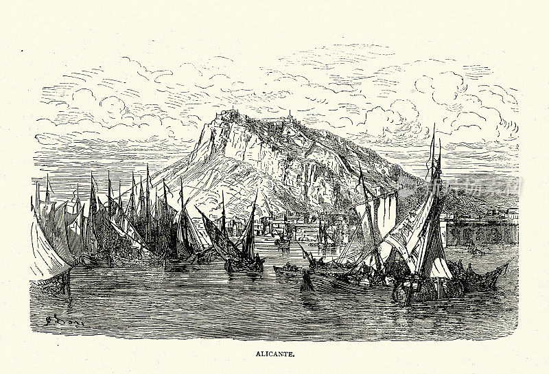 复古插图阿利坎特，西班牙，渔船在海湾，西班牙历史19世纪。