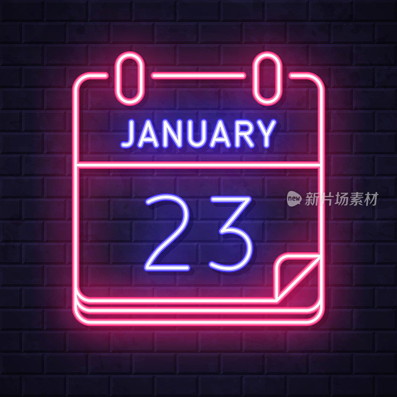 1月23日。在砖墙背景上发光的霓虹灯图标