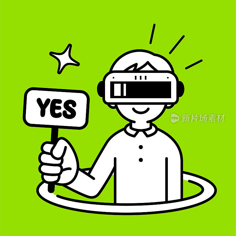 一个戴着虚拟现实耳机或VR眼镜的男孩从虚拟的洞里蹦出来，进入虚拟世界，他举着一个Yes的手势，看着观众，极简风格，黑白轮廓