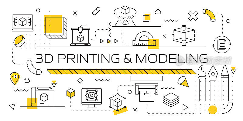 3D打印和建模相关的横幅设计网页，标题，小册子，年度报告和书籍封面