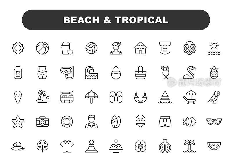 海滩和热带线图标。可编辑的中风。包含这样的图标，如太阳，夏天，冰淇淋，岛屿，热带，沙滩身体，棕榈树，沙滩球，游泳，船，沙，海。