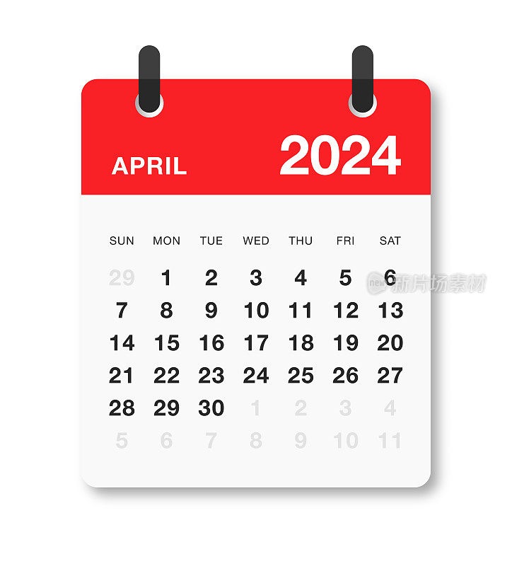 每月2024年4月日历星期日开始
