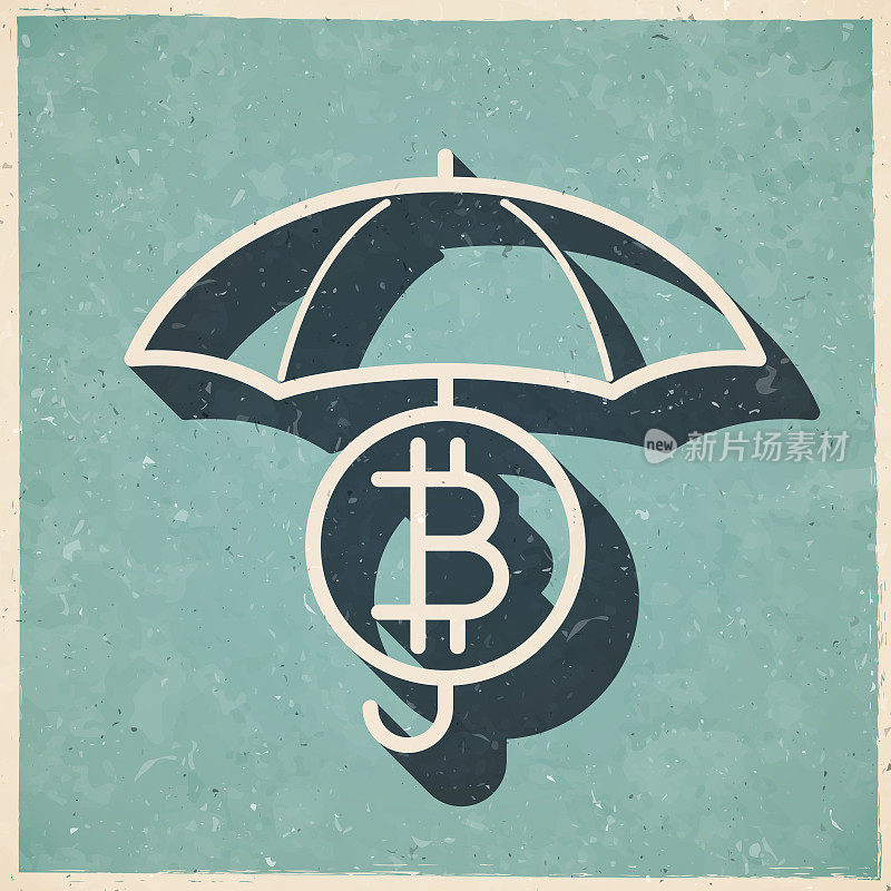 比特币在保护伞下。图标复古复古风格-旧纹理纸