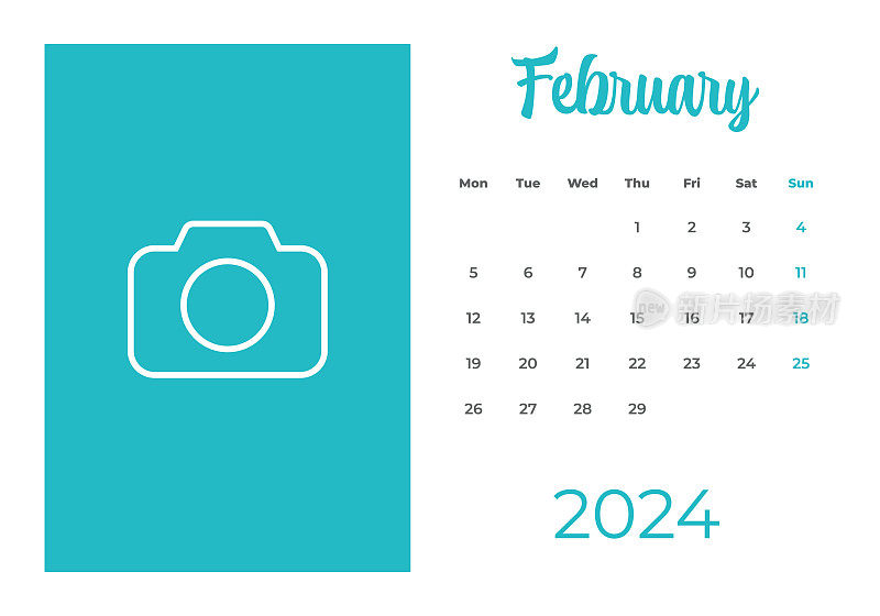 2024年2月-日历与地方的照片或插图。日历矢量模板为2024年。这一周从星期一开始
