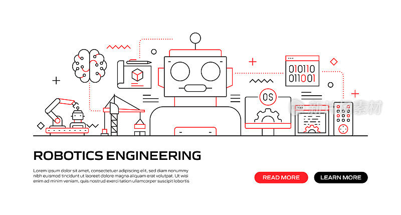 机器人工程网站横幅与线性图标，新潮的线性风格向量