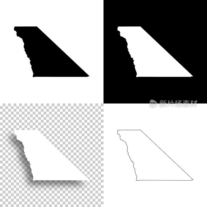 加州因约县。设计地图。空白，白色和黑色背景