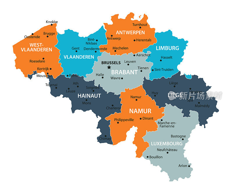 比利时的地图。比利时矢量彩色地图