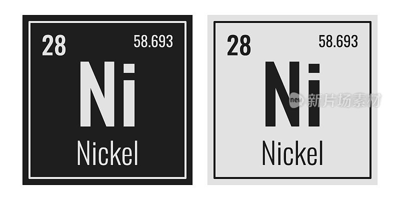 镍的象征。元素周期表中的化学元素。矢量插图隔离在白色背景上。玻璃的迹象。