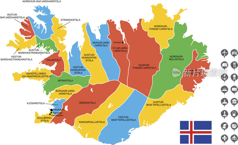 详细的冰岛矢量地图