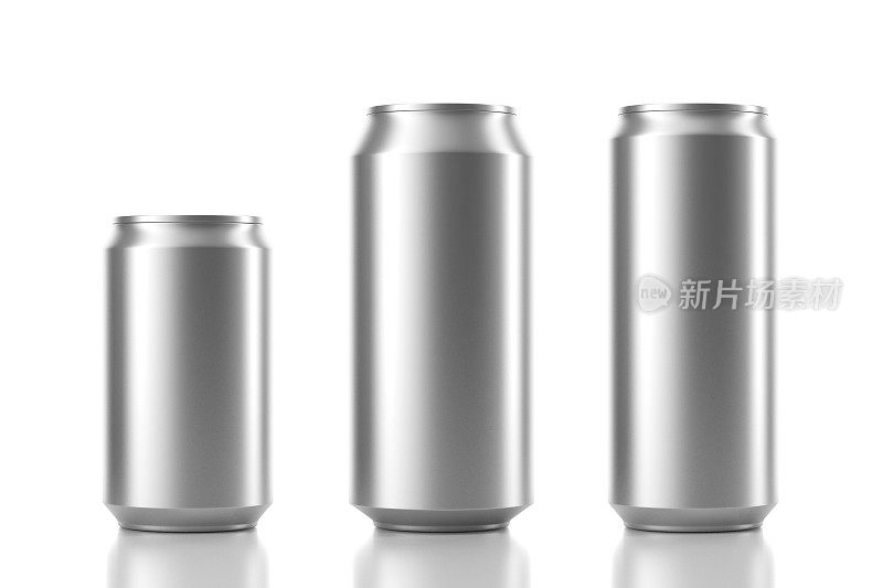三个不同尺寸的铝罐模型，3d渲染
