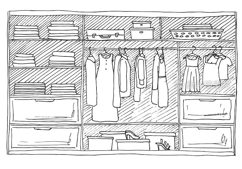 开放式衣柜，衣服放在架子和衣架上。矢量插图的草图风格。