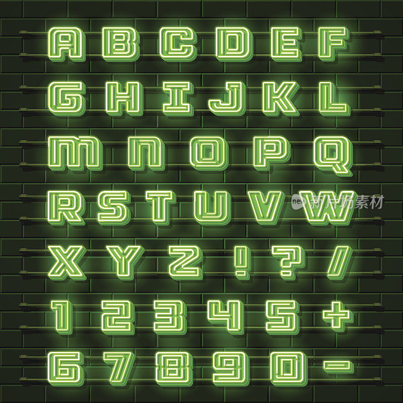 城市霓虹字体。霓虹绿色英文字体。城市字母字体。矢量图