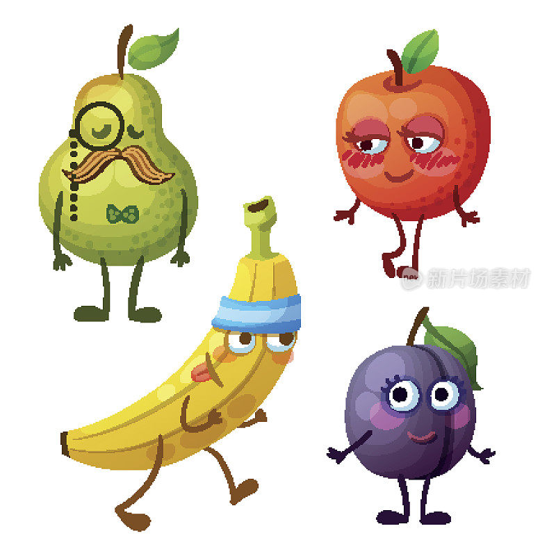 有趣的水果性状孤立在白色背景。emoji快乐的食物。卡通矢量插图:绿梨，红苹果，黄香蕉，紫李子