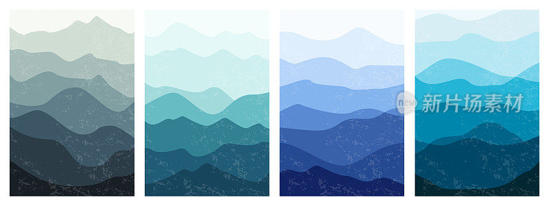 美丽的山川风景，不同的颜色。一套分层的垂直背景。时尚的户外卡片模板。