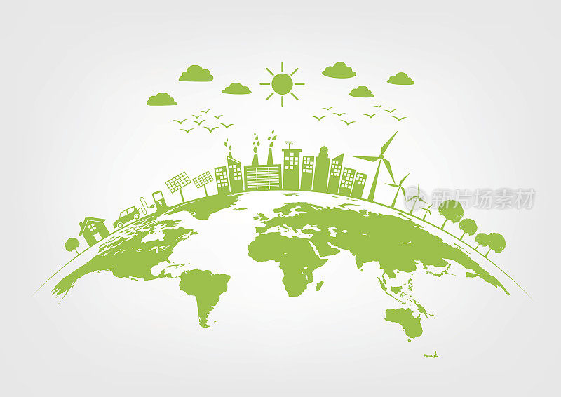 地球上的绿色城市，世界环境与可持续发展的概念，矢量插图