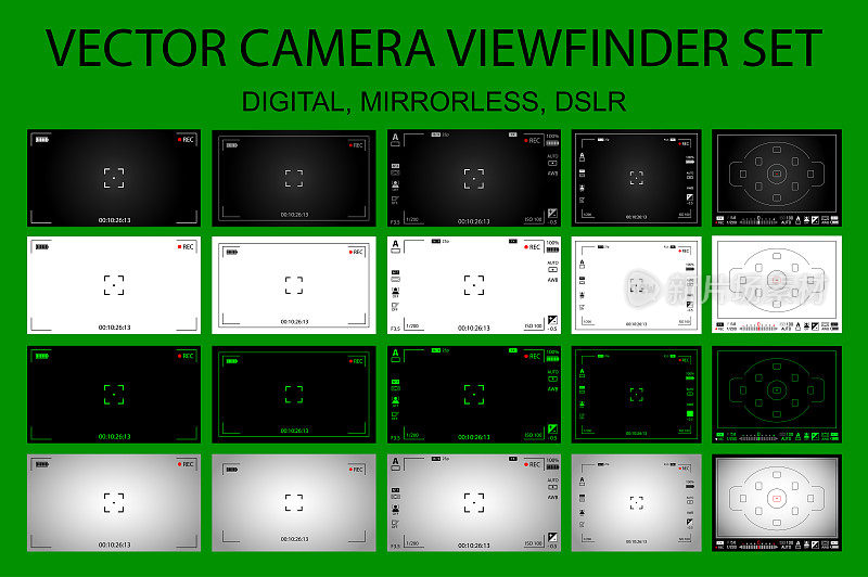 现代相机对焦屏幕设置为20在一个包-数码，无反光镜，单反。黑白绿取景器摄像记录。矢量图