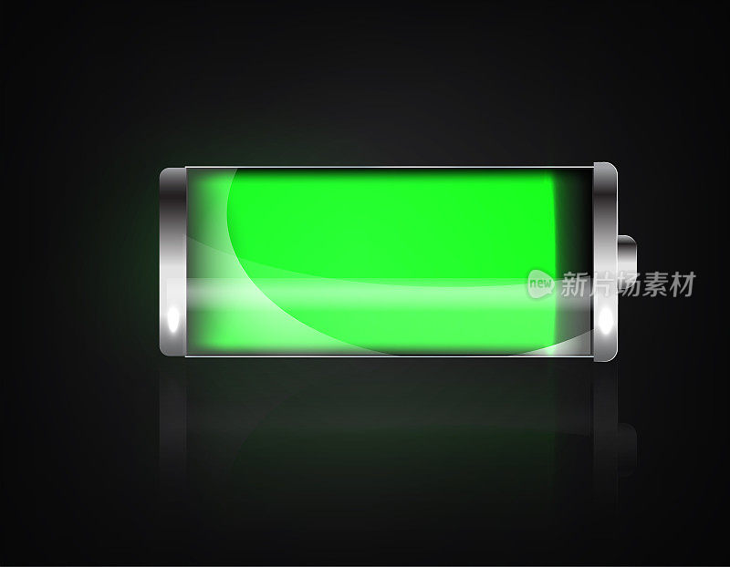 充电电池。充满电的电池。电池充电状态指示灯。玻璃现实动力绿色电池插图上的黑色背景。满充，总放电。充电状态。向量