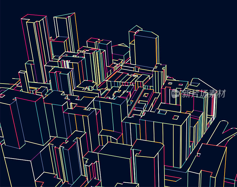 俯瞰3D城市建筑结构的夜晚插图