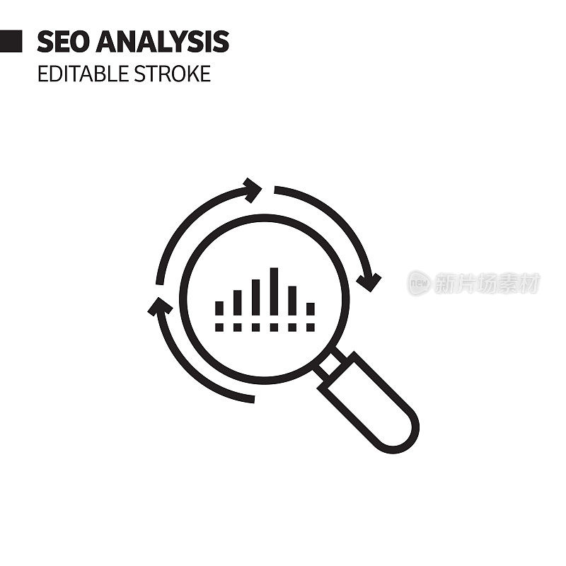 SEO分析线图标，轮廓矢量符号插图。完美像素，可编辑的描边。