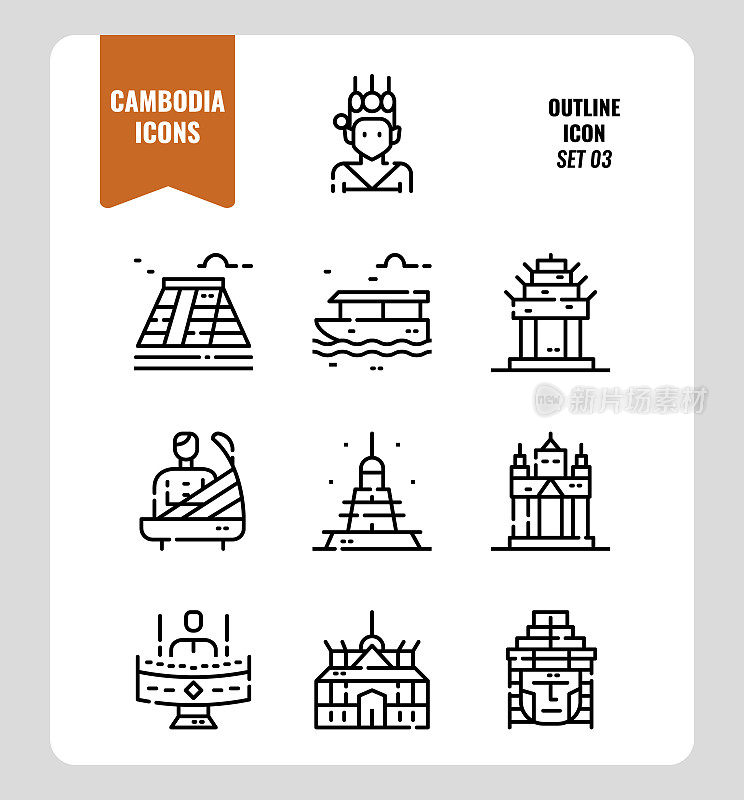 柬埔寨图标设置3。包括地标、音乐、人物、文化等等。轮廓图标设计。矢量图