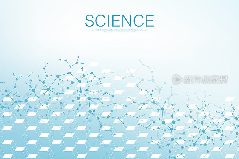 医学、科学、技术、化学的科学分子背景。带有DNA分子的科学模板墙纸或横幅。动态波流。分子的矢量图。