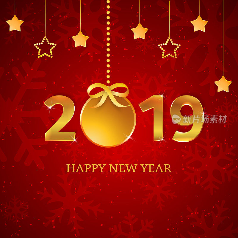 2019黄金数字与圣诞彩带球，蝴蝶结，挂星星在红色的背景与雪花和飘落的雪花。新年和圣诞节的装饰。矢量插图。